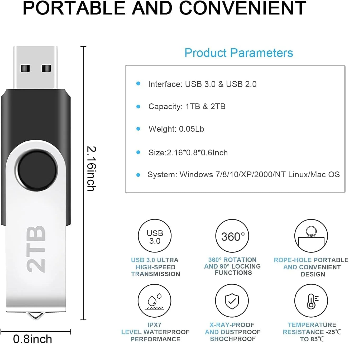 2TB USB Flash Drive, Portable Thumb Drive Memory Stick for Pc/Laptop (2000GB)-
