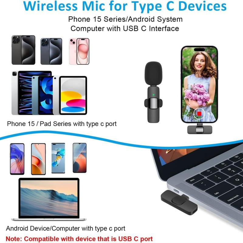 Premium Wireless Lavalier Microphone - Compact Clip-On Design with Noise Reduction for iPhone 15, iPad & Android Video Recording