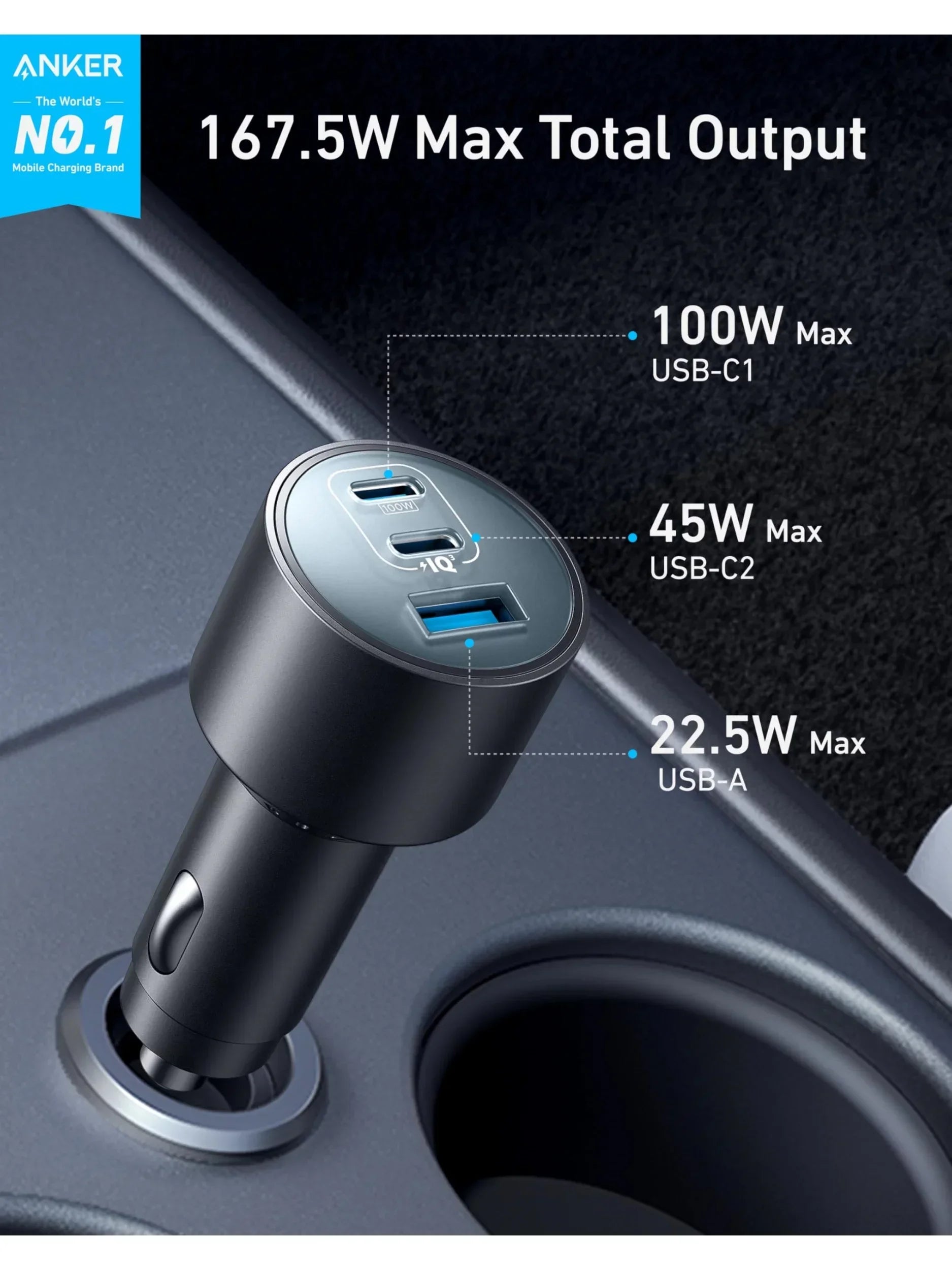 Original Anker Car Charger 167.5W Max USB-C 3-Port Fast Car Charger