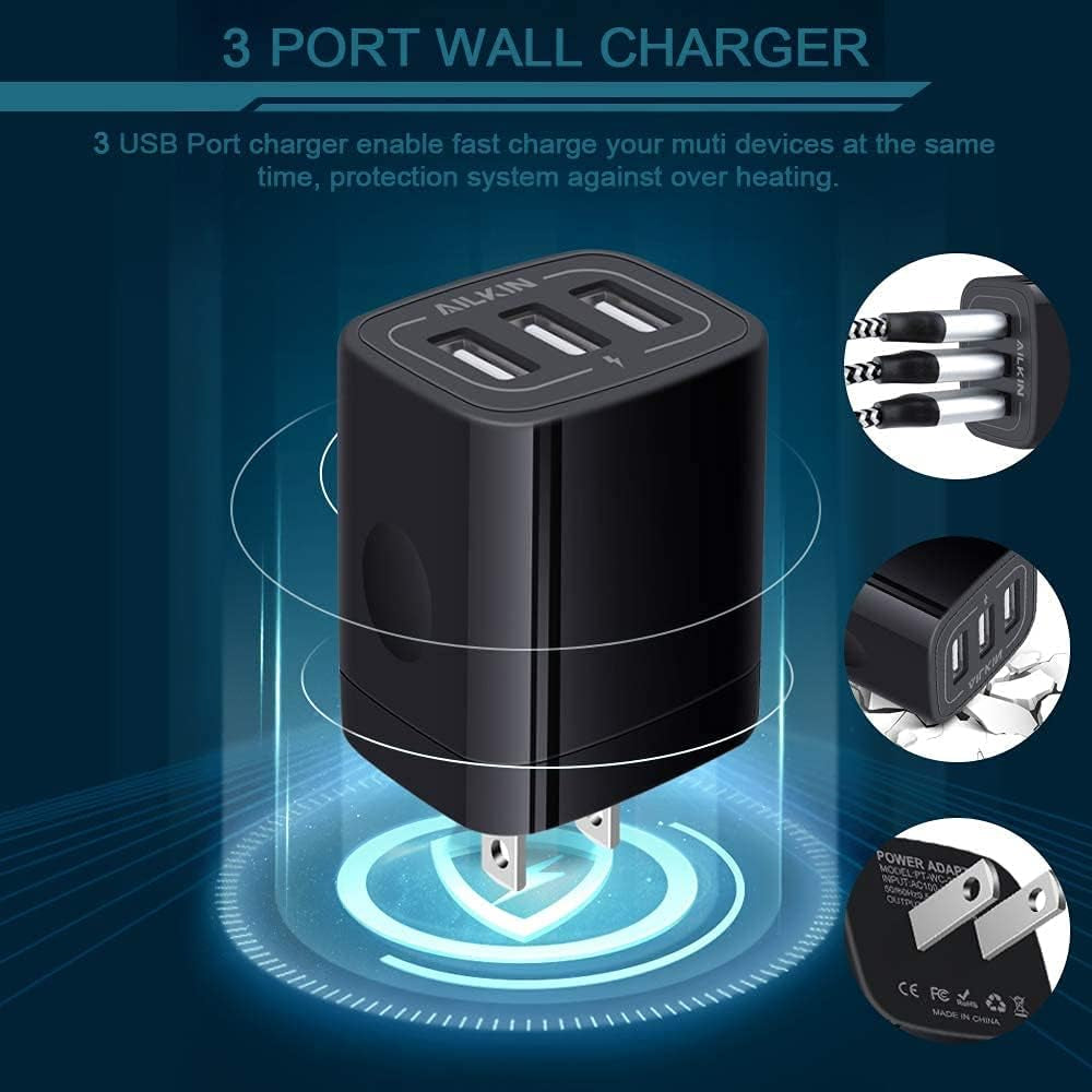 3 USB Wall Charger, Triple Charging Adapter, Fast Charging Block Home Charger Station Block Cube Plug for Iphone, Samsung Galaxy, LG, Motorola, Google Pixel, Oneplus, Base Box Cagardor Para