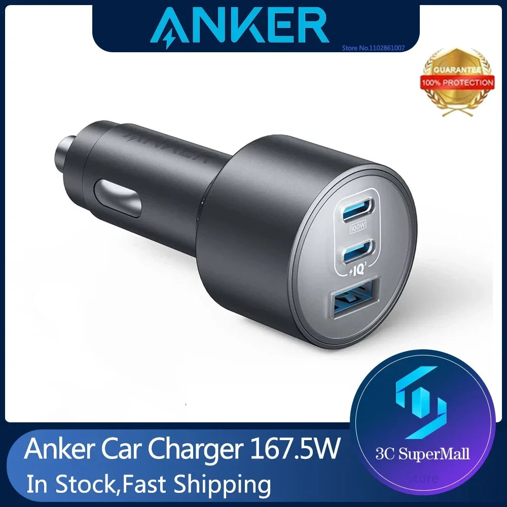 Original Anker Car Charger 167.5W Max USB-C 3-Port Fast Car Charger