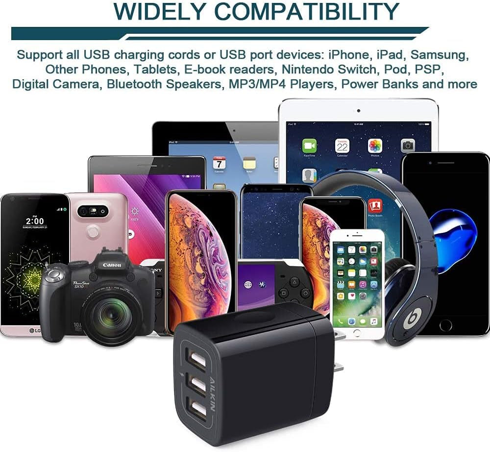 3 USB Wall Charger, Triple Charging Adapter, Fast Charging Block Home Charger Station Block Cube Plug for Iphone, Samsung Galaxy, LG, Motorola, Google Pixel, Oneplus, Base Box Cagardor Para