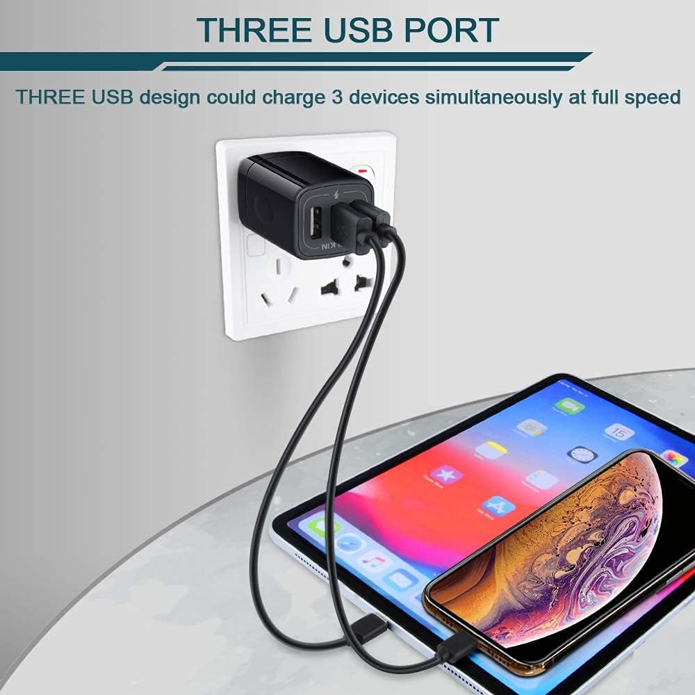 3 USB Wall Charger, Triple Charging Adapter, Fast Charging Block Home Charger Station Block Cube Plug for Iphone, Samsung Galaxy, LG, Motorola, Google Pixel, Oneplus, Base Box Cagardor Para